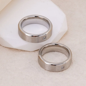 Minimalist brushed titanium steel ring set for men with a square zircon stone inlay