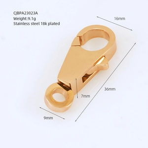 Detail view of 18K gold plated stainless steel lobster clasp with size and weight specs
