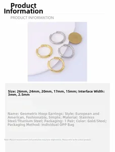 Detailed size chart for geometric stainless steel hoop earrings in gold and steel finishes
