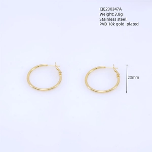 Detail showing 20mm 18k gold plated stainless steel hoop earrings weighing 3.8g