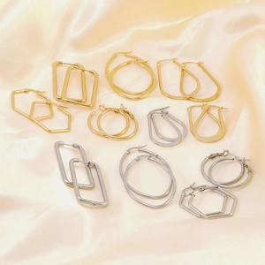 French Vintage Stainless Steel Geometric Hoop Earrings For Women 18K Gold Plated Rectangular Oval U-Shaped Round Fashion Jewelry