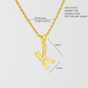 Detailed specs of 18K gold plated stainless steel letter K pendant on twist chain