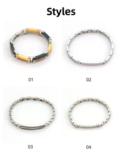 Detailed grid view of stainless steel watchband bracelets in four distinct metal styles