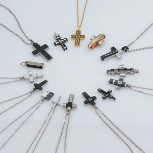Assorted stainless steel cross necklaces with carbon fiber and zircon stone details