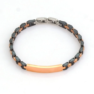 Two-tone rose gold and black stainless steel solid link bracelet with central curved ID plate
