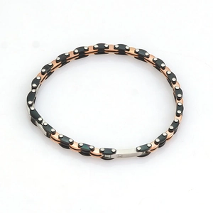 Three-tone stainless steel link bracelet with black, rose gold, and silver metal sections