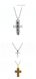 Detailed view of three cross pendants in silver, gold, and black industrial styles