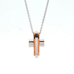 Two-tone stainless steel cross necklace with crystal accents and layered design