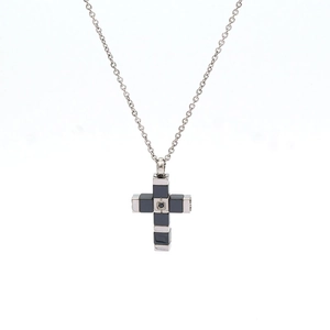 Polished silver and black stainless steel cross pendant necklace with a small black stone