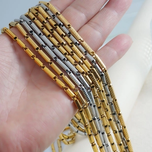 Bamboo style 18K gold plated stainless steel cylindrical link chain necklace in gold and silver
