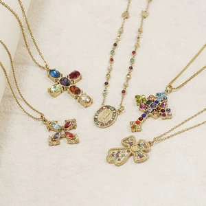 Collana Con Pendente a Croce in Zirconia Colorata in Acciaio Inossidabile 304 Placcato Oro 18K Gioielli Religiosi Donna