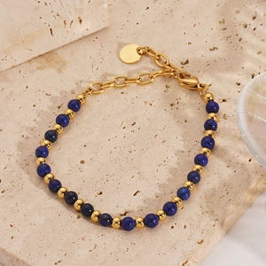 Bohemian 18K gold stainless steel bracelet with blue natural stones and gold beads