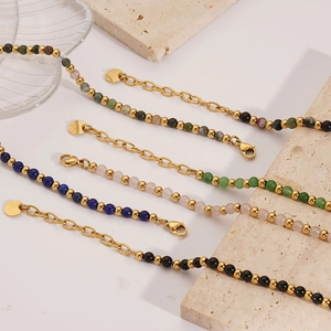 Bohemian natural stone beaded bracelet with 18K gold plated stainless steel lobster clasp