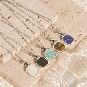 Minimalist geometric octagon pendant necklace set in five assorted marble stone colors