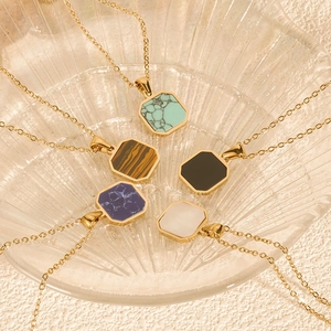 Set of gold stainless steel necklaces with various colorful octagonal gemstone pendants