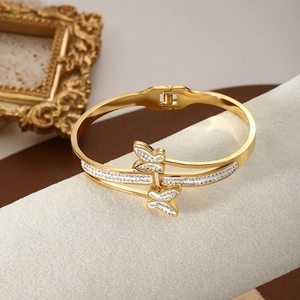 Elegant gold-plated stainless steel butterfly open bangle set with white zircon stones
