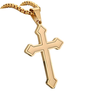 Colgante de cruz de acero inoxidable dorado con cadena box y acabado de metal cepillado