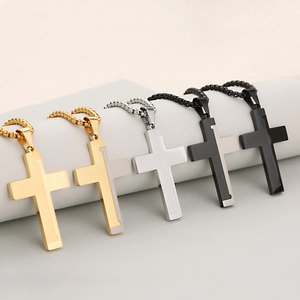 Two-tone stainless steel cross pendants with textured diagonal brushed finish and chains