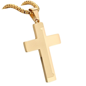 Golden stainless steel cross pendant with textured finish and matching box chain necklace