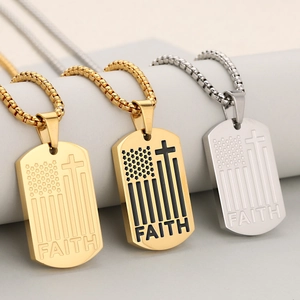 Collana da uomo in acciaio inossidabile con piastrina militare Faith, croce e motivi USA