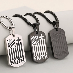 Collana da uomo con piastrina in acciaio inossidabile, croce fede, in argento e nero