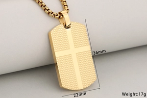 Detail view of 18K gold plated cross dog tag pendant with 36mm x 22mm dimensions