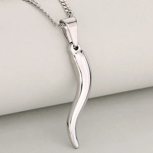 Collier avec pendentif cornicello en acier inoxydable poli sur une chaîne à maillons fins