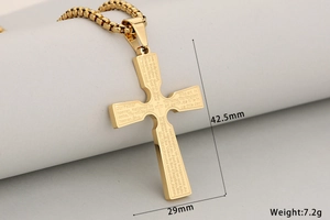 Detail of 18k gold plated stainless steel cross pendant showing dimensions and prayer