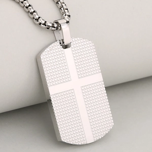 Polished silver stainless steel cross military dog tag pendant on box chain