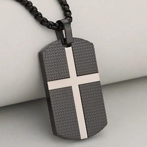 Men's black dog tag necklace with 18K gold plated silver cross on stainless steel