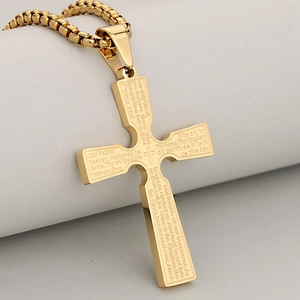 Stainless Steel Lord's Prayer Cross Pendant Necklace Gold Silver Black Bible Verse Engraved Crucifix Religious Jewelry For Men Women