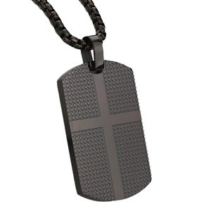 Men's black 18K gold plated stainless steel dog tag necklace with cross and matte texture