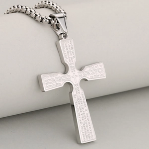 Polished silver stainless steel Lord's Prayer cross necklace with 18k plating