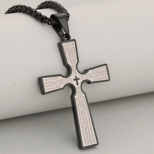 Matte black stainless steel cross necklace with engraved Lord's Prayer and bead chain