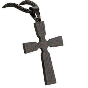 Black stainless steel 18k gold plated cross necklace with engraved English Lord's Prayer