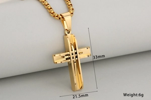 Detail of a 33mm gold 3D layered cross pendant with polished bead chain and dimensions