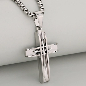 Polished 3D layered stainless steel cross pendant necklace with box chain for men