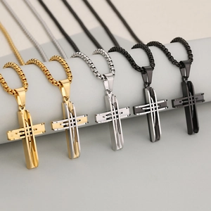 Three-dimensional stainless steel cross pendant necklaces in five polished finishes for men