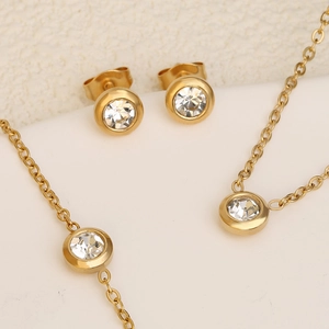 18K Vergoldet Edelstahl Zirkonia Schmuckset Minimalistisch Zargenfassung Anhänger Halskette Armband Ohrstecker Für Damen