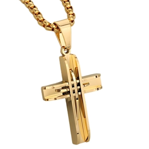 Minimalist multi-layered 3D cross pendant necklace in gold-plated stainless steel finish