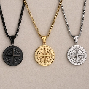 Collares con colgante de brújula en negro, oro y plata de acero inoxidable para hombres