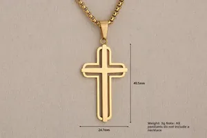 Detailed size view of a hollow double-layer gold cross pendant measuring 40.5x24.7mm