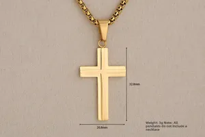 Polished gold stainless steel cross pendant detail with size 32.8mm x 20.8mm