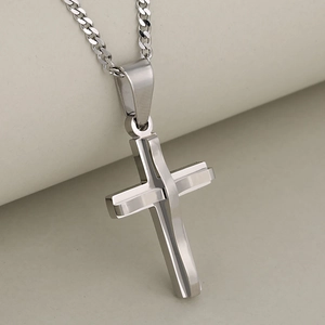 Polished double-layered stainless steel cross pendant necklace with silver link chain