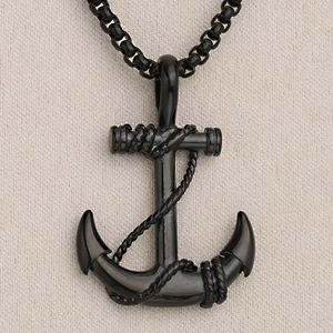 Collana con ciondolo ad ancora nera in stile punk in acciaio inox con trama a corda