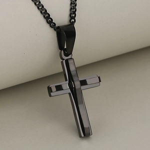 Polished double-layered black stainless steel cross pendant with cuban curb chain necklace