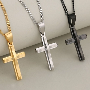 Double-layered stainless steel cross necklaces in gold, silver, and black finishes