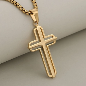 Stainless Steel Double Layer Hollow Cross Pendant Necklace Minimalist Box Chain Religious Jewelry For Men Women Daily Wear