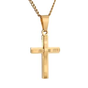 Polished gold double-layer stainless steel cross pendant necklace with twisted chain