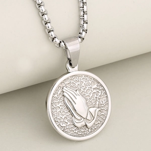 Retro stainless steel prayer hands coin pendant necklace with polished silver finish